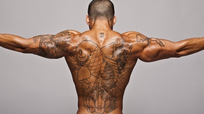 gray background, men, muscles, tattoo, Bodybuilder