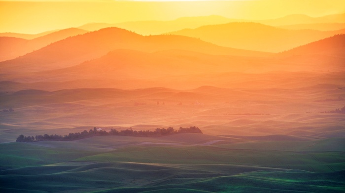 colorful, sunrise, landscape, hill, mist, nature, Washington state, Palouse