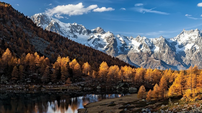 nature, Italy, landscape, Alps, mountain, fall, lake, trees, snowy peak, forest