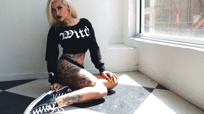 sitting, tattoo, blonde, girl