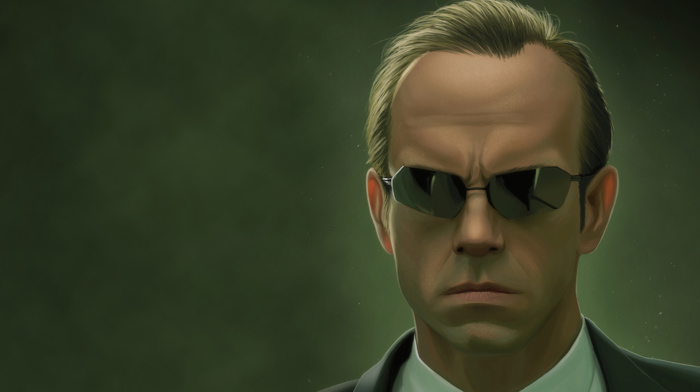 portrait, simple background, sunglasses, reflection, tie, Agent Smith, villains, suits, movies, Hugo Weaving, the matrix, artwork