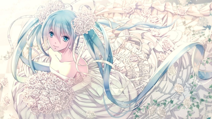 long hair, white flowers, anime girls, Hatsune Miku, twintails, flower in hair, wedding dress, ribbon, anime, Vocaloid