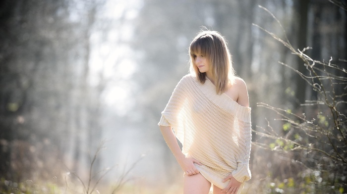 long hair, nature, brunette, boobs, no bra, see, through clothing, sweater, girl, sunlight, lingerie, model, panties, girl outdoors