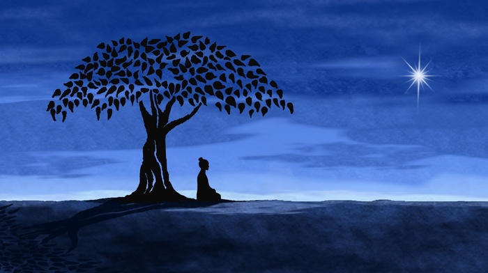 sitting, buddhism, meditation, happiness, Buddha, digital art, silhouette, shadow, men, horizon, stars, leaves, trees, ground, artwork