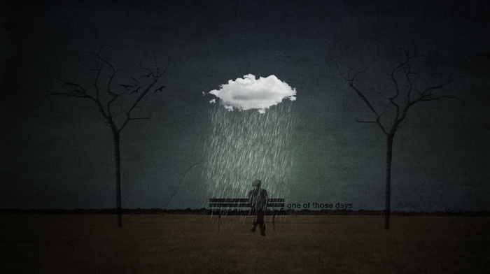 sitting, ground, silhouette, digital art, alone, artwork, clouds, men, trees, horizon, rain, quote, bench
