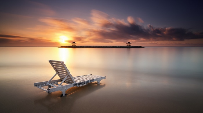 sunset, deck chairs, clouds, motion blur, village, Bali, luxury, chair, Indonesia, photography, landscape, water, sea, beach