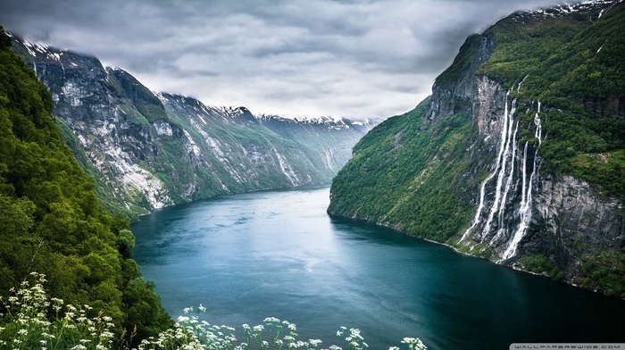 waterfall, clouds, landscape, wildflowers, mountain, Norway, Seven Sisters