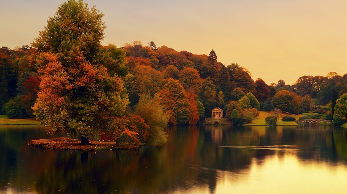 nature, trees, England, house, bridge, water, sunset, river, landscape