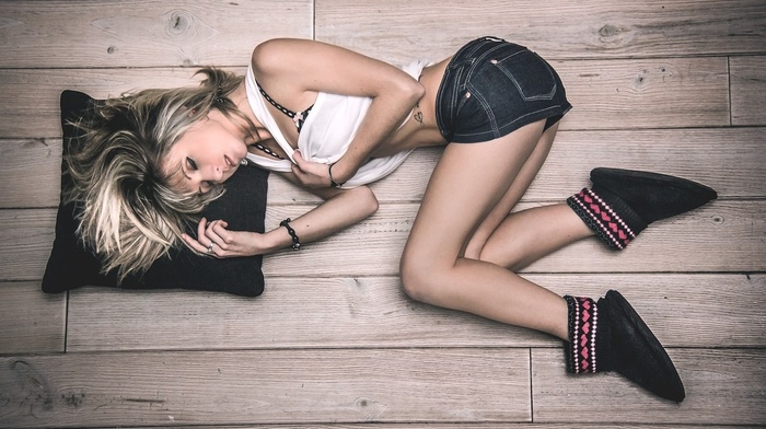 blonde, sleeping, girl, on the floor, jean shorts, tattoo