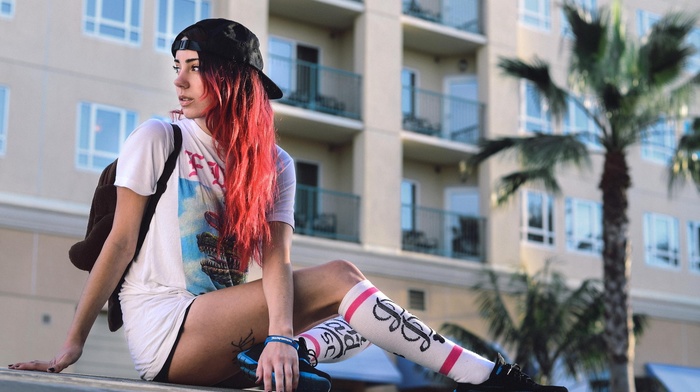 girl, redhead, sitting, baseball caps, tattoo