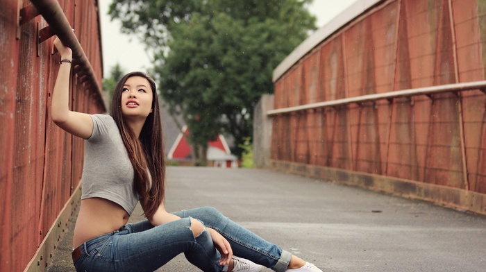 girl, torn jeans, bridge, Asian, sitting