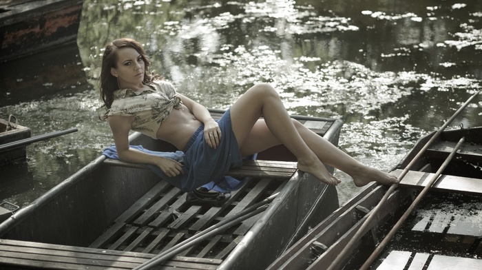 sitting, boat, river, girl, skirt