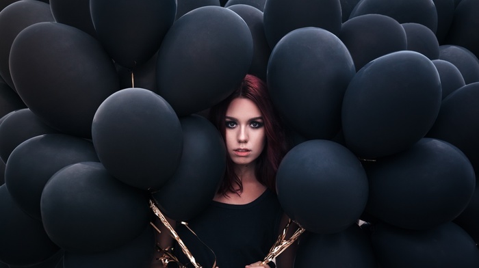 girl, balloons, redhead, face
