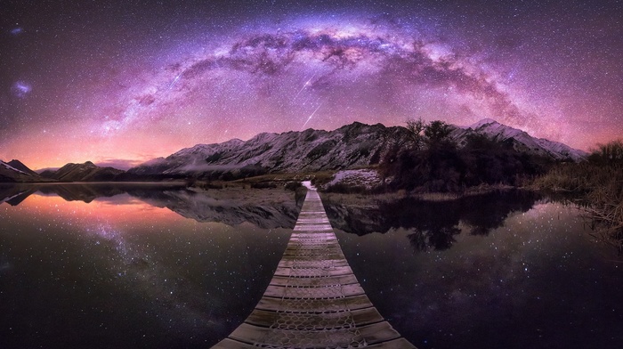 lake, mountain, shrubs, reflection, nature, long exposure, Milky Way, walkway, New Zealand, starry night, landscape