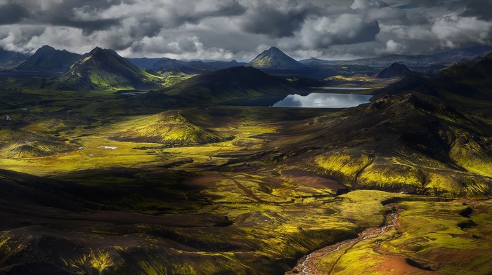 mountain, creeks, landscape, valley, lake, Iceland, clouds, nature