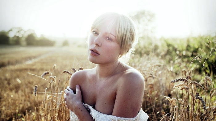 bare shoulders, field, girl, girl outdoors, blonde