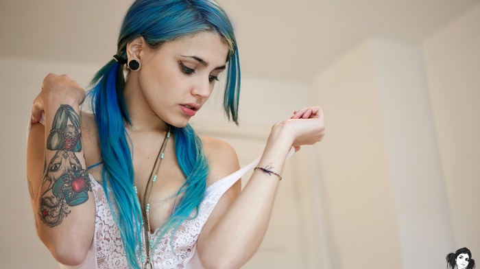 blue hair, tattoo, girl, Suicide Girls, model, dyed hair, Mendacia Suicide
