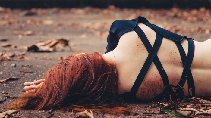 lying down, rear view, long hair, leaves, model, ground, redhead, girl, black outfits, dirty, girl outdoors, fall