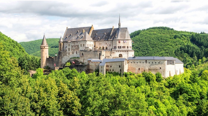 castle, trees, nature, forest, walls, clouds, landscape, tower, flag, hill, Luxemburg, architecture