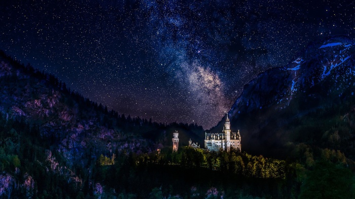 Milky Way, stars, lights, nature, night, landscape, forest, Neuschwanstein Castle, hill, long exposure, Germany, trees, snowy peak, mountain, architecture, castle