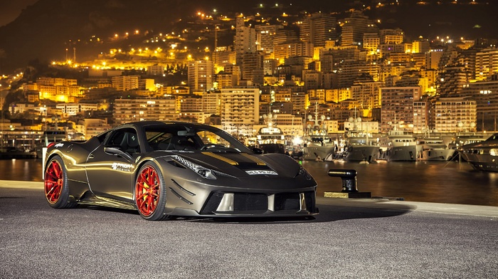 lights, Ferrari 458 Italia, city, bay, sports car, ferrari 458, car, yachts, hill, Prior Design, Monaco, night, Super Car