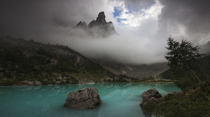 landscape, nature, water, lake, turquoise, trees, clouds, mountain