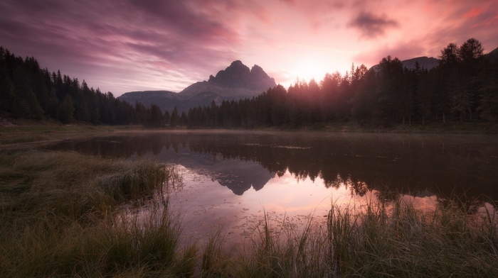 grass, clouds, sunrise, mountain, nature, calm, reflection, landscape, forest, lake