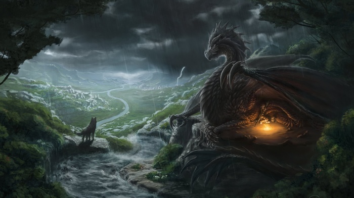 fantasy art, river, wolf, dragon