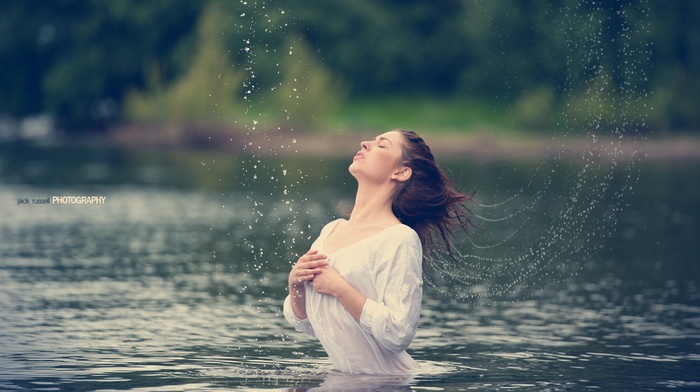 water, girl, wet body, closed eyes, river