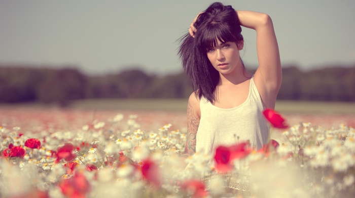 tattoo, flowers, girl, Jack Russell, hands in hair