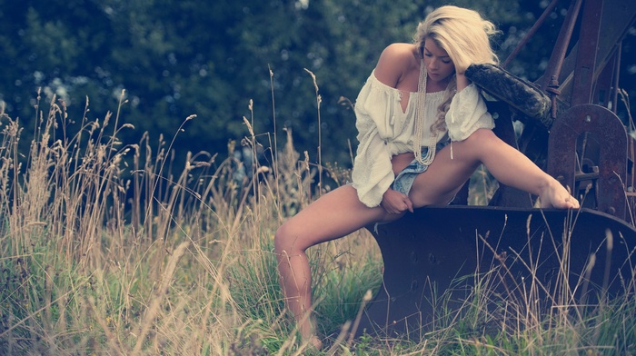 blonde, Jack Russell, grass, sitting, Tillie Feather, jean shorts, girl