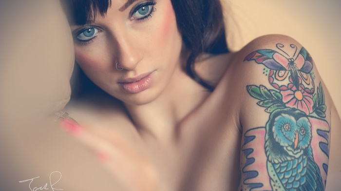 tattoo, nose rings, face, girl, blue eyes, Jack Russell, portrait