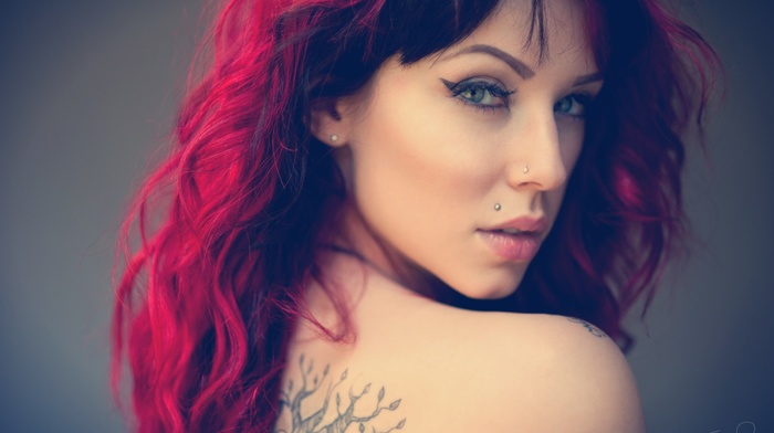 tattoo, face, girl, piercing, Jack Russell, pierced nose, dyed hair, portrait