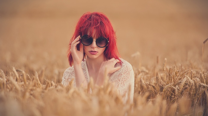 girl with glasses, grass, redhead, face, girl