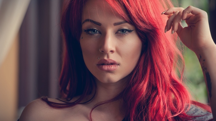 nose rings, portrait, Jack Russell, tattoo, Emma Howes, redhead, girl, Rouge Suicide, face, piercing
