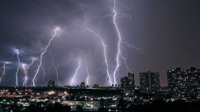 building, night, storm, cityscape, lightning