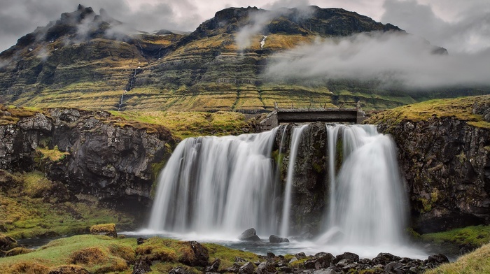 faroe islands, nature, rock, waterfall, water, moss, Iceland, mist, mountain, long exposure, landscape, bridge
