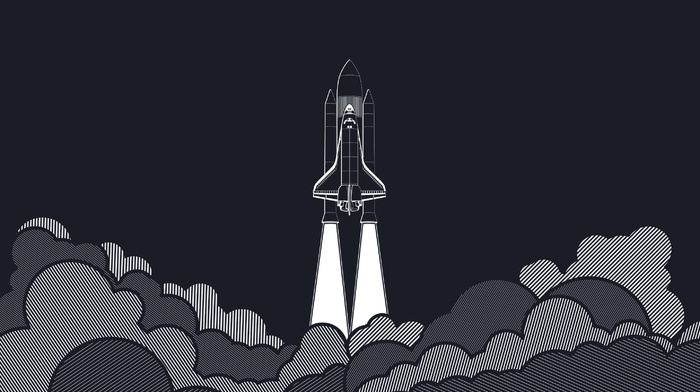 aircraft, digital art, smoke, white, minimalism, gray background, spaceship, challenger, rockets, flying