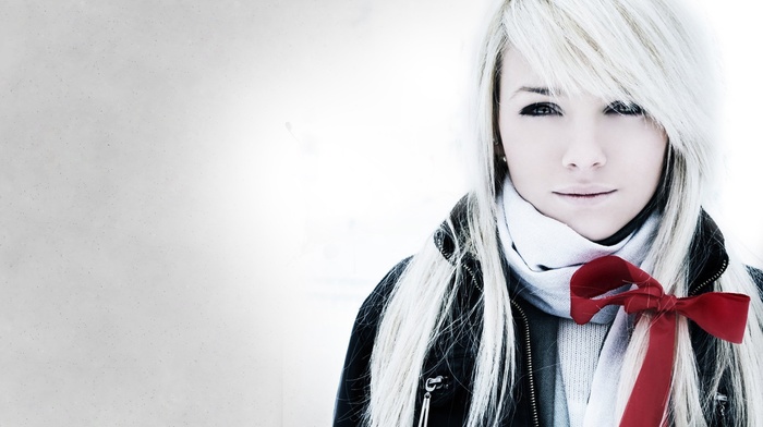 scarf, jacket, Laura Ivana, girl, white hair, simple background