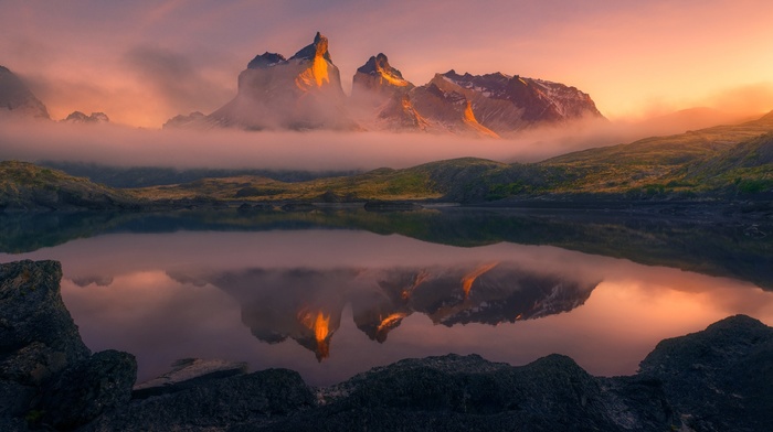 mist, nature, sunrise, reflection, Chile, mountain, summer, landscape, water, Torres del Paine, lake
