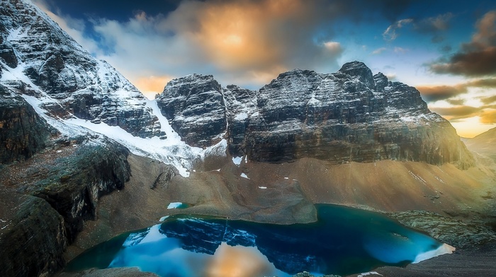 water, clouds, nature, lake, landscape, sunrise, snowy peak, mountain, Yoho National Park, blue, Canada
