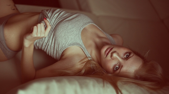 blue eyes, girl, lying on back, Russian Model, lying down, panties, Alexander Tikhomirov, blonde