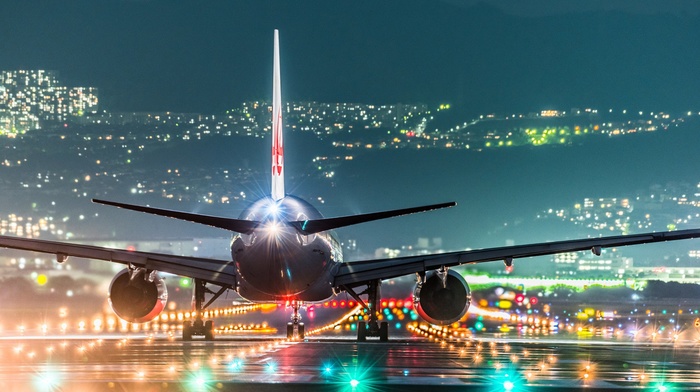 cityscape, passenger aircraft, wings, rear view, night, hill, Osaka, lights, Japan, landscape, turbine, airport, runway