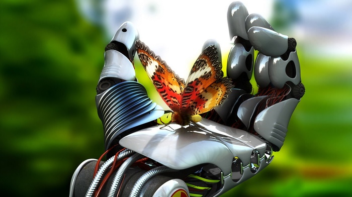butterfly, hand, digital art, fantasy art, 3D, robot