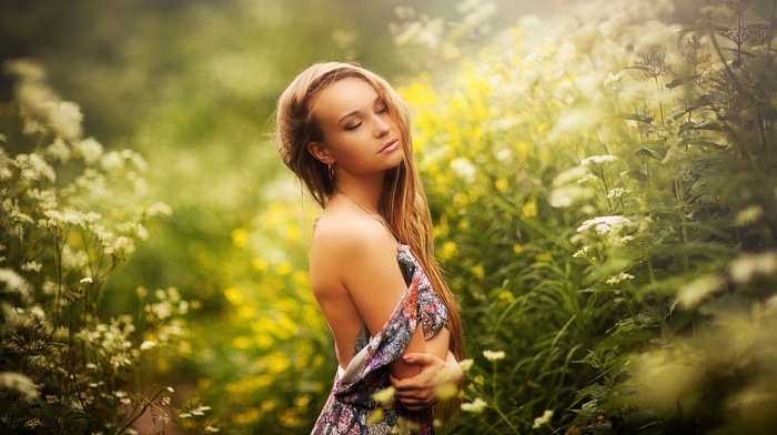 flowers, girl, dress, blonde, closed eyes