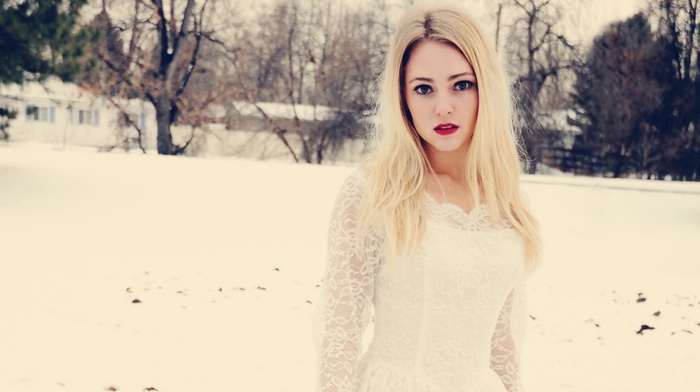snow, looking at viewer, Anna Sophia Robb, girl, white dress, girl outdoors, blonde