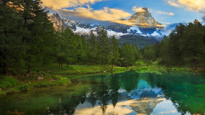 turquoise, landscape, lake, water, snowy peak, clouds, Matterhorn, sunset, nature, summer, reflection, forest, green