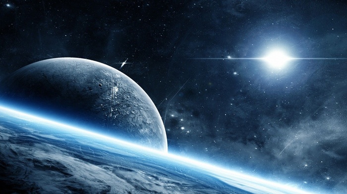 space art, planet, glowing, flares, stars