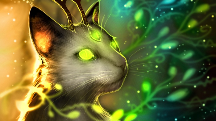 antlers, romantically apocalyptic, green eyes, fantasy art, glowing, cat