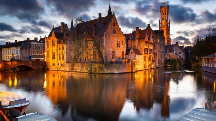 cityscape, evening, city, house, Belgium, river, long exposure, trees, architecture, bridge, building, lights, Bruges, clouds, boat, reflection